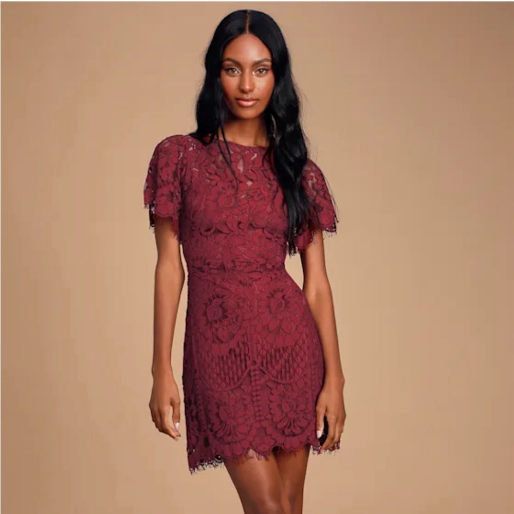 Lulu's Pearson Wine Red Lace Short Sleeve Dress